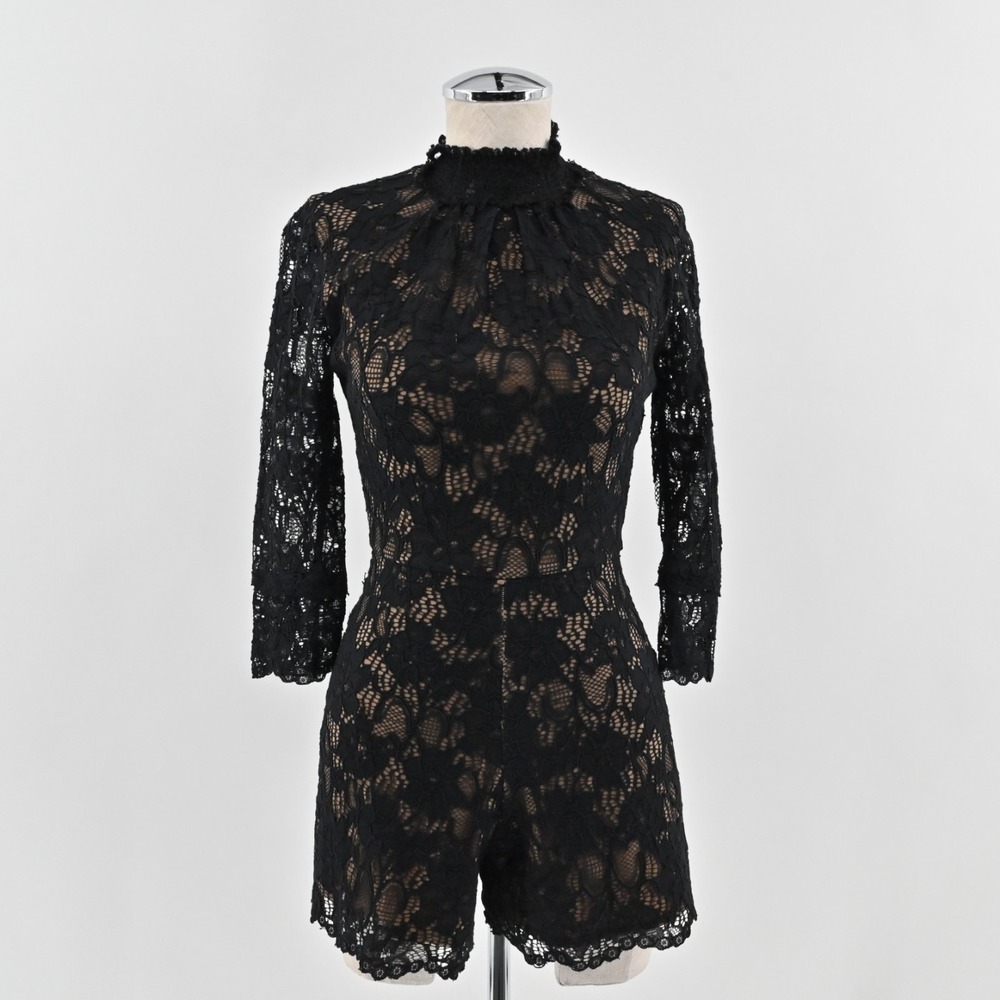 ALEXIS Womens Jing Black Lace‎ Pattern Romper Size XS Mock Neck 3/4 Sleeve Chic